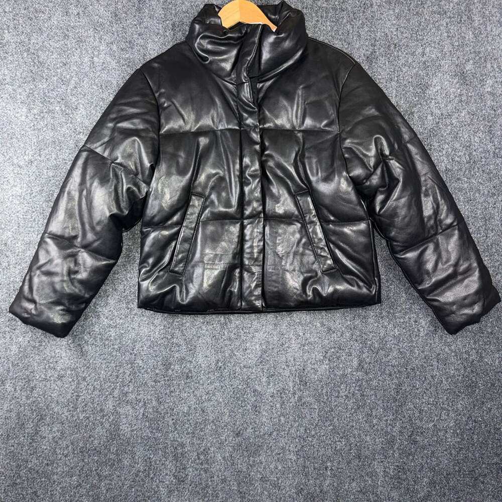 Abercrombie & Fitch Black Vegan Leather Mini Puffer Jacket Coat Women's Size M